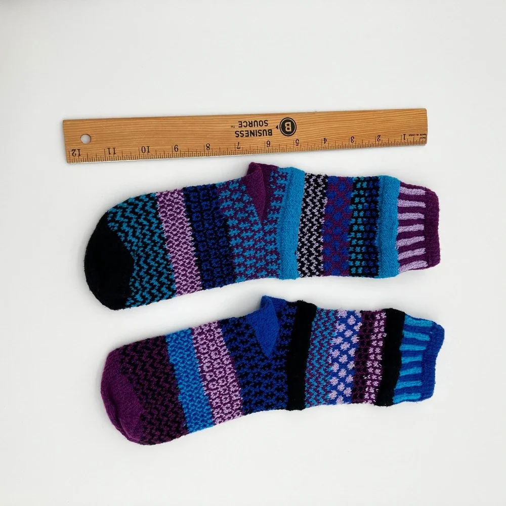 Solmate Socks Raspberry Knitted Crew Socks Small Purple Blue Mismatched USA
